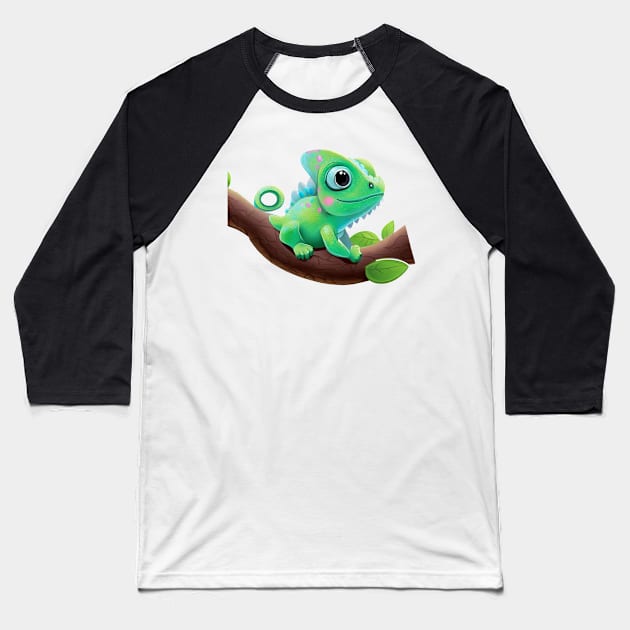 Green lovely chameleon on tree branch Baseball T-Shirt by RandyArt